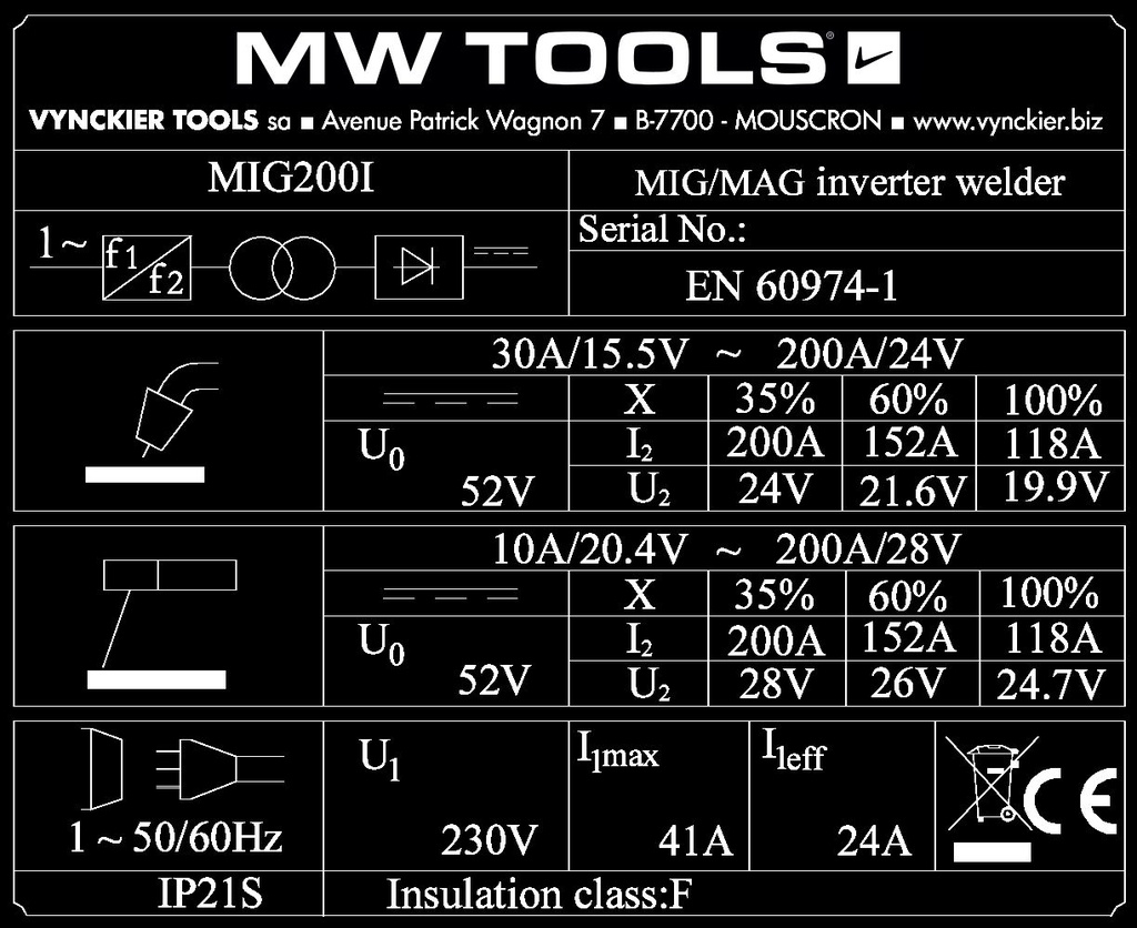 Poste à souder MIG-MAG Industry Inverter sur roues MW-TOOLS MIG200I - 829500330