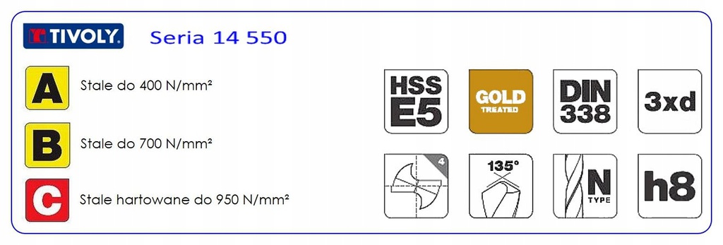 Foret métaux HSS Co5% taillé meulé TIVOLY HSS DIN 338 dia:6,0mm - Angle de coupe: 135° - TC 11455010600