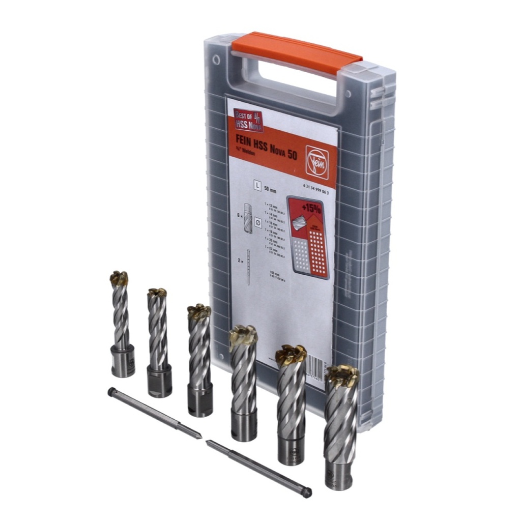 Set de fraises HSS WELDON 3/4 Ø 12, 14, 16, 18, 20 et 22 mm (profondeur de coupe 50 mm) et 2 éjecteurs (100 mm) dans un coffret plastique FEIN 63134999063