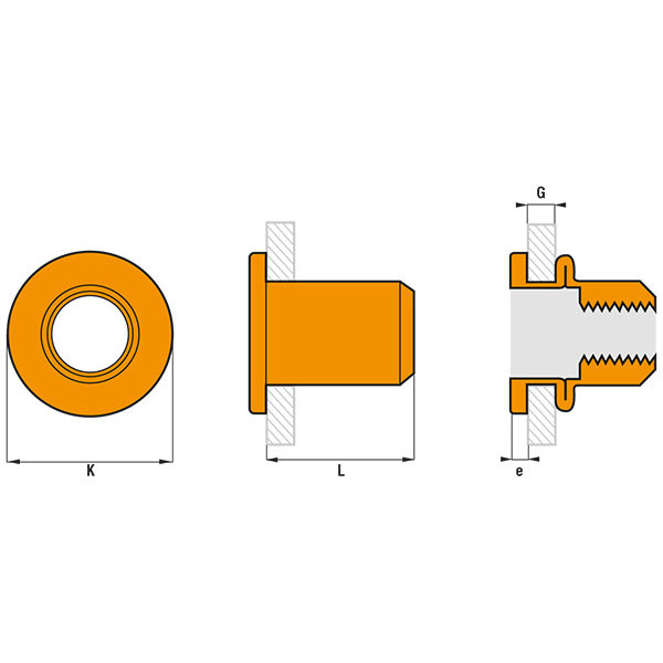 Ecrous à sertir cylindrique crantés alu tête plate M5 0,3-3,0mm SBOX(500pcs) SCELL-IT EAD0530