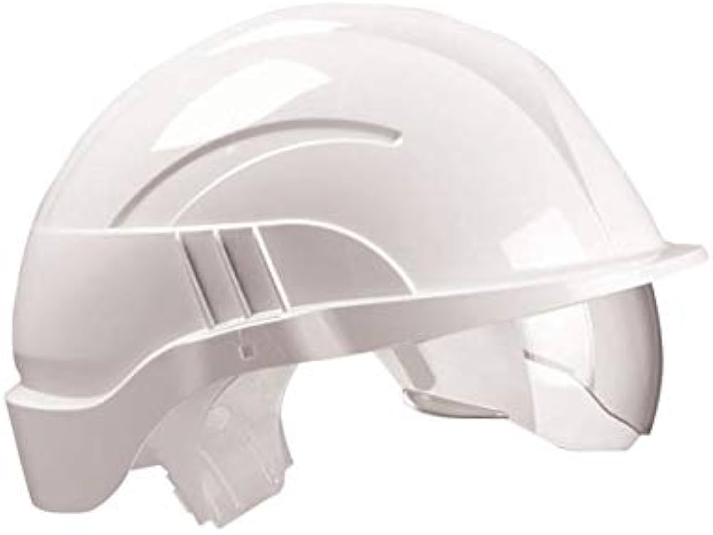 Casque de sécurité avec bouton pivotant, courte visière, en ABS renforcé, pourvu d'un fond de coiffe à 6 points en textile CENTURION VISION PLUS PR-BOUT-30MM - Blanc