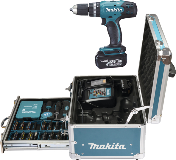 Visseuse-Perceuse à percussion sur accu 18V MAKITA DHP453RFJ + 2 accus 3,0Ah+ 1 chargeur+ Coffre + 96 accessoires