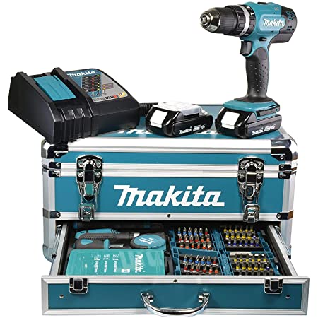 Visseuse-Perceuse à percussion sur accu 18V MAKITA DHP453RFX2 + 2 accus 3,0Ah+ 1 chargeur+ Coffre + 96 accessoires