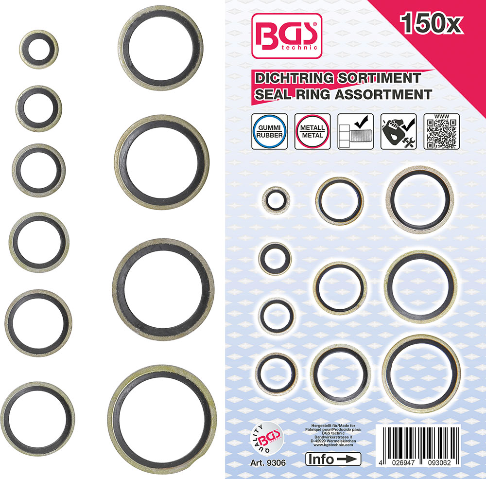 Assortiment de 150 joints d’étanchéité en métal-caoutchouc BGS 9306 - M6-&gt;M24