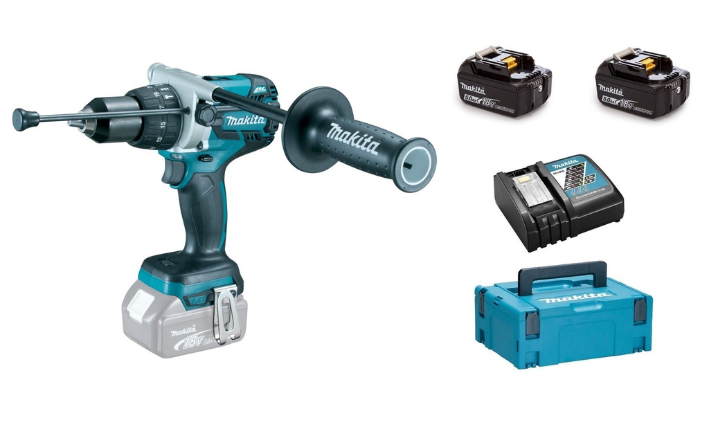 Visseuse-Perceuse à percussion sur accu 18V MAKITA DHP481RT3J + 3 accus 5,0Ah+ 1 chargeur+ Coffre