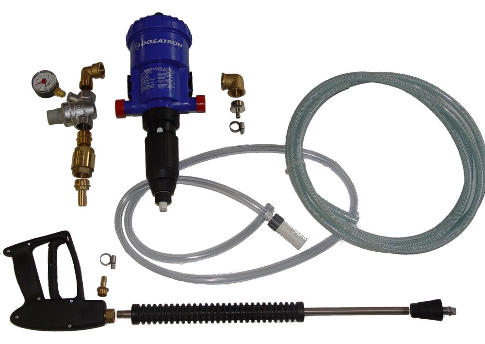 Pompe doseuse avec clapet anti-retour, 25m de tuyau à savon, pistolet et lance complète de 1.2m DOSATRON DI520AFPYKPL - 5-20% débit de 5 à 1500l/h