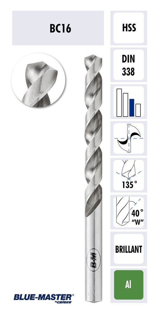 Foret métaux HSS pour aluminium BLUE MASTER HSS DIN 338 dia:4,2mm - Angle de coupe: 135° - BC16