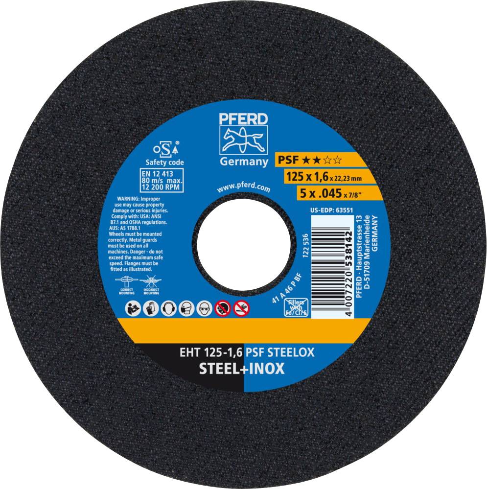 Disque à tronçonner PFERD EHT 125-1,6 PSF STEELOX - 538142