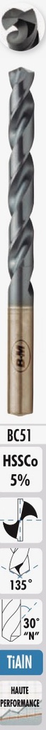 Foret métaux HSS Co5% TiAIN taillé meulé BLUE MASTER DIN 338 dia:7,0mm - Angle de coupe: 135° - BC51