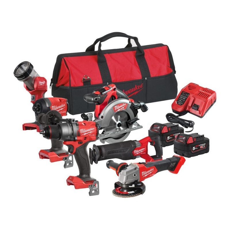 Pack 6 machines Visseuse-boulonneuse-scie circulaire-scie sabre-meuleuse 125mm-lampe  + 2x accu 5.0ah + chargeur dans un sac MILWAUKEE M18FPP6E3-502B - 4933480874