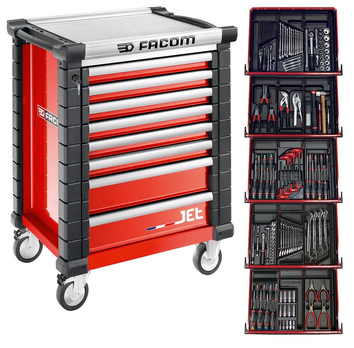 Servante d’atelier 8 tiroirs avec 5 remplis d'outils, rouge FACOM  JETCM175BNL