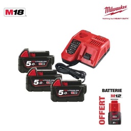 [MIM18NRG503] Set de 3 batteries18V 5,0Ah NRG + 1 accu 12V 2,0Ah + chargeur MILWAUKEE M18 NRG-503
