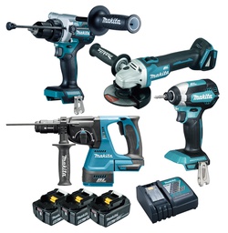 [MADLX4159TJ] Visseuse-Perceuse + bouloneuse + perforateur + meuleuse sur accu 18V MAKITA DLX4159TJ + 3 accus 5,0Ah+ 1 chargeur+ 2 Coffre Makpac