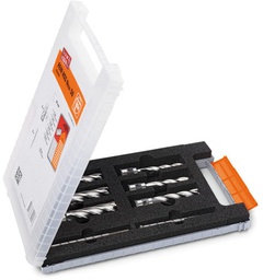 [FE63134999063] Set de fraises HSS WELDON 3/4 Ø 12, 14, 16, 18, 20 et 22 mm (profondeur de coupe 50 mm) et 2 éjecteurs (100 mm) dans un coffret plastique FEIN 63134999063